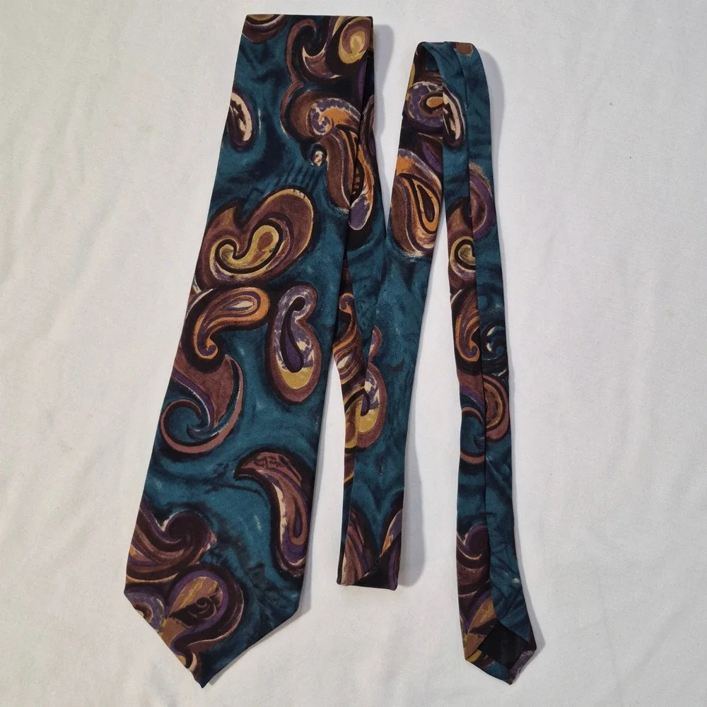 Liberty of London Tie Mens Teal Purple Gold Abstract Paisley Silk Necktie USA